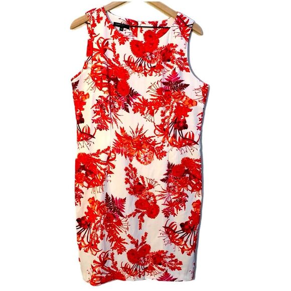 Mario Serrani Floral Midi Dress Women’s 14 White Red shift Sleeveless Scoop Neck - Picture 1 of 12
